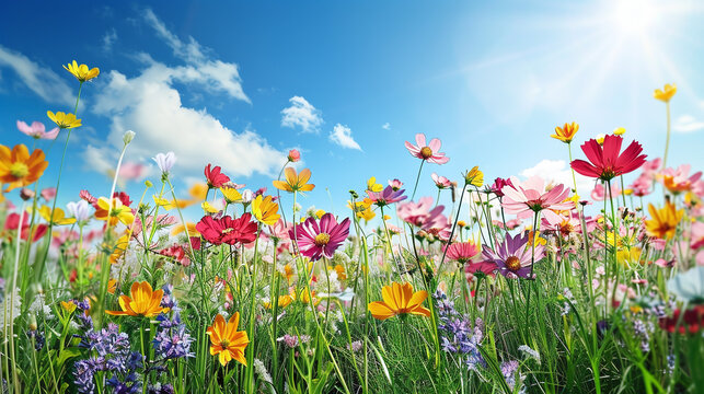 natural meadow with wild flowers under blue sky with some clouds