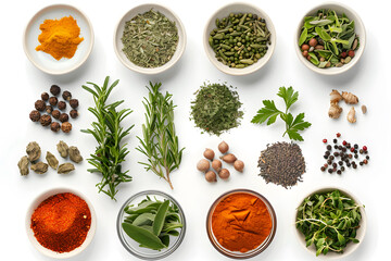 Assortment of various spices and herbs in small bowls on a white background