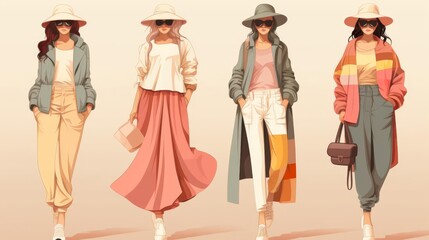 Fototapeta premium Layering fashion flat design front view stylish theme cartoon drawing colored pastel