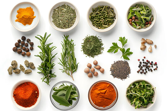 Assortment of various spices and herbs in small bowls on a white background