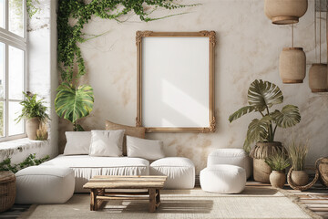 Mockup frame in a boho nomadic interior background with rural decorations