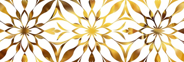 Gold Foil Hand Painted Metallic Tile. Seamless Arabic Style Pattern. Vector Tile Pattern, Lisbon Arabic Floral Mosaic, Mediterranean Seamless Gold Colored Ornament.
