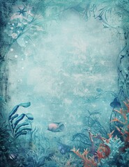 Fototapeta premium Blue Underwater Design Vintage Digital Paper l Old Grunge Texture Under Ocean Landscape Design Page l Distressed Print Under the Sea with Calm and Moody Atmosphere