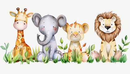 Naklejka premium Watercolor cartoon of baby jungle animals in greenery. Concept of cute wildlife by AI generated image
