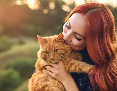 Uma mulher ruiva, beijando o seu gatinho ruivo, ao ar livre, em ambiente muito arborizado.