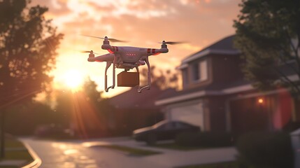 A drone delivering a package to a suburban home