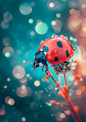 Gorgeous colorful macro with a close-up of a ladybug in the morning dew drops against the dawn lights of blue bokeh. Vertical