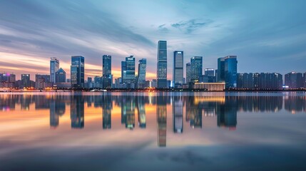 Obraz premium Modern city skyline with skyscrapers reflecting in water at sunset. This is a digital art image showcasing urban architecture and cityscape. Perfect for backgrounds and commercial use. AI