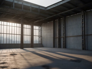 An bright daylight podium image of empty indoor space under construction surrounded by steel and concrete structures.