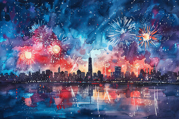 Naklejka premium A beautiful watercolor painting of a cityscape with fireworks
