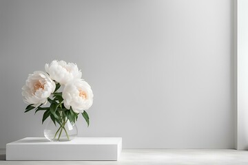 Elegant white peonies in glass vase, minimalist floral arrangement, sophisticated flower display, serene white and green decor, modern interior design, fresh peony bouquet, simple floral centerpiece