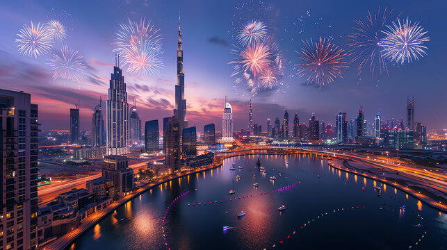 A stunning view of the Burj Khalifa and the Dubai skyline during New Year's Eve celebrations