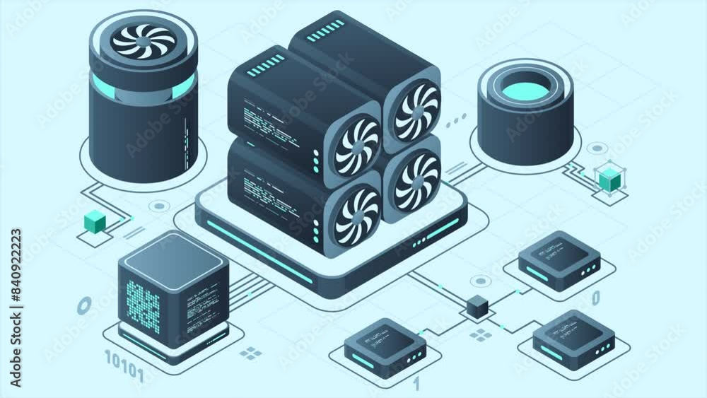 Poster isometric blockchain animation. isometric cryptocurrency. platform creation of digital currency. big