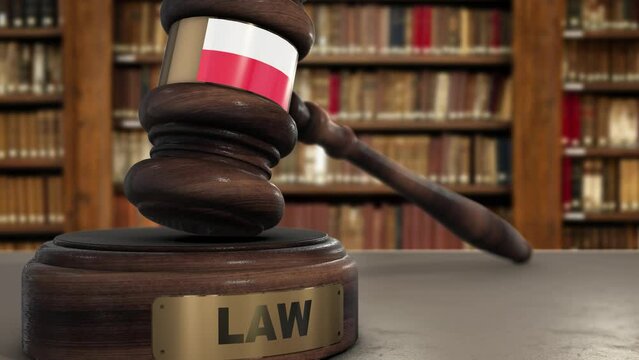 Poland Flag on Judge Gavel or Hammer in Court with Word Law Animation