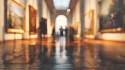 Gallery defocused. Blurry gallery without visitors with an empty background. Title. Ultra HD. High definition. Room for text. 