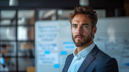 Fototapeta premium portrait of a professional businessman, white board with marketing and growing strategies in background