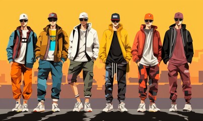 Streetwear fashion flat design front view urban theme cartoon drawing colored pastel