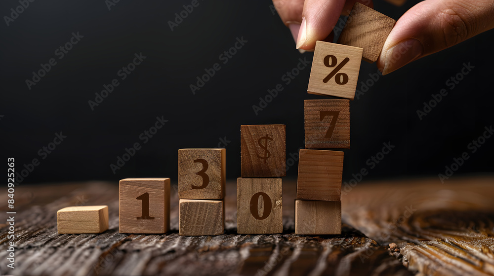 Poster hand adding wooden blocks with % sign to graph bar chart growth concept. black background
