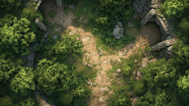 RPG battle map. Fantasy battlefield illustration, cartography forest location. Hobby roleplaying. AI generated