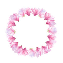 Watercolor floral wreath with magnolia flower Pink circle frame for poster banner template Women's day 2025 Mother day  decoration logo design certificate wrapping Botanical border Postcard