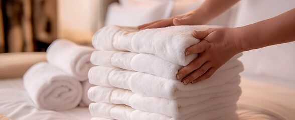 close-up of a hand holding a stack of clean white towels is ideal for showcasing high-quality laundry detergents, hotel services and home care products that emphasize value of cleanliness and comfort