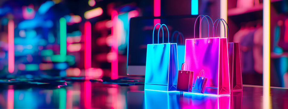 banner with copy space in neon tones featuring shopping bags, highlighting the joy of retail shopping, suitable for creating marketing materials,visual elements for online commerce, and advertisements