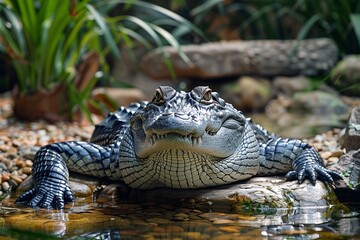 Fototapeta premium A large crocodile with scaly skin and sharp teeth lies in a swampy zoo enclosure, looking dangerous