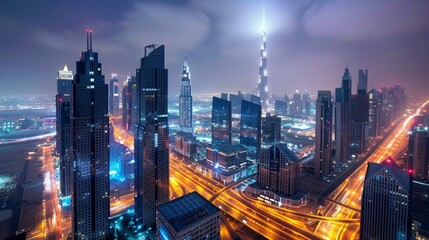 Fototapeta premium A dazzling cityscape at night, with skyscrapers illuminating the skyline in a futuristic panorama