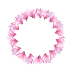 Watercolor floral wreath with magnolia flower Circle pink frame for poster Women's day 2025 Mother day decoration certificate design wrapping paper Botanical border postcard Banner template