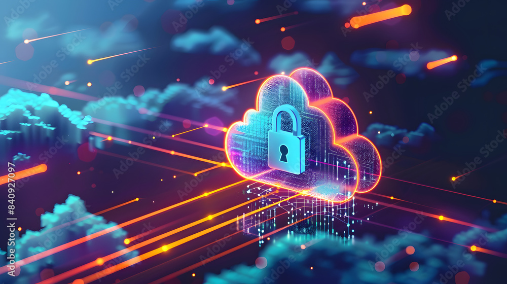 Poster abstract illustration of cloud security services, stylized cloud icon integrated with a secure padlo