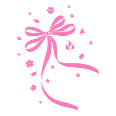 Ribbon with bow and flowers. Beautiful decorative natural plants and leaves.