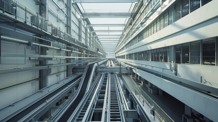 Obraz premium A wide-angle shot shows a seamless logistics facility with interconnected conveyors and a clean, structured environment.