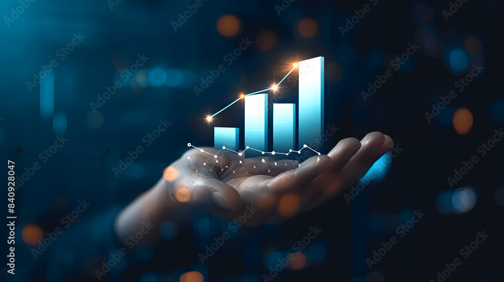 Poster hand holding rising graph arrow with bar chart on dark background