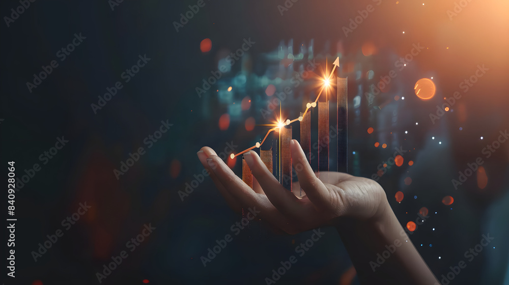 Poster hand holding rising graph arrow with bar chart on dark background