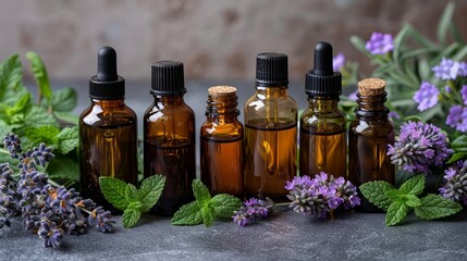 Different essential oils in dark amber bottles and glass dropper, mint leaves and lavender flowers product ingredients. Concept of aromatherapy and alternative medicine 