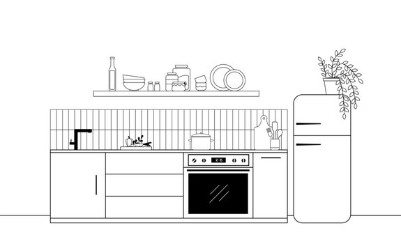 recommend clip art: Kitchen interior in line art style. Kitchen furniture, utensils on shelves, dishes, fridge. Flat style vector illustration