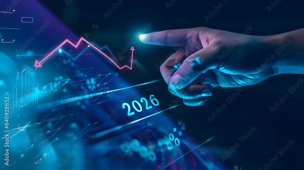 Poster hand pointing at glowing line graph with arrow up and text 2026