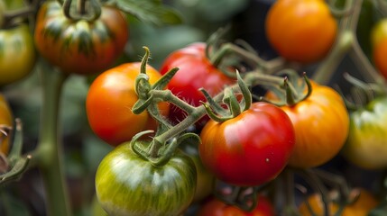 Fresh Heirloom Tomatoes on Vine in Garden Vibrant Red and Green Colors