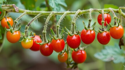 Fresh Red Cherry Tomatoes on Vine in Garden