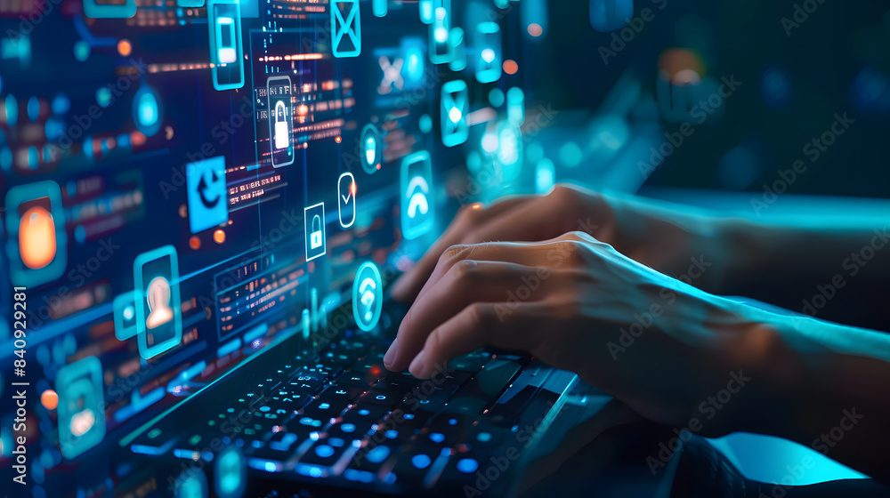 Poster hand typing on keyboard with ai technology icons floating above. depicting digital transformation in