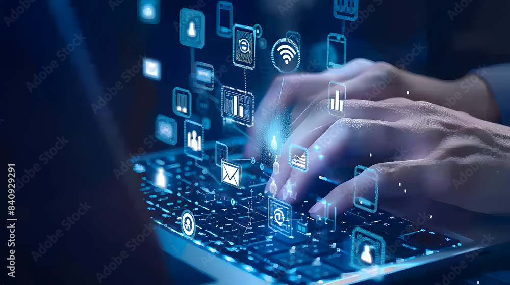 Poster hand typing on keyboard with ai technology icons floating above. depicting digital transformation in