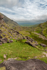 Panoramic view from Devils Ladder, one of most difficult trails, that is leading to highest Irish mountain Carrauntoohill or Carrantuohill is the highest mountain in Ireland at 1038m in Ring of Kerry
