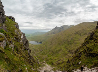 Panoramic view from Devils Ladder, one of most difficult trails, that is leading to highest Irish mountain Carrauntoohill or Carrantuohill is the highest mountain in Ireland at 1038. Ireland