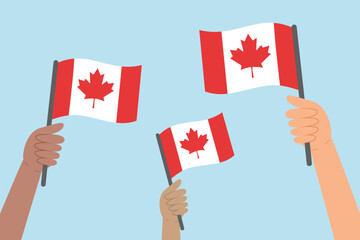 Diverse people hands raising flags of Canada. Vector illustration of Canadian flags in flat style on blue background.