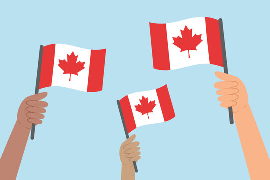 Diverse people hands raising flags of Canada. Vector illustration of Canadian flags in flat style on blue background.