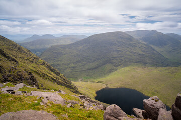 Panoramic view of Curraghmore Lake from Devils Ladder, one of most difficult trails, that is...