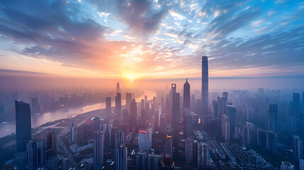 Fototapeta premium Impressive city skyline with skyscrapers and twilight sky. Aerial view banner. Copy space concept. 