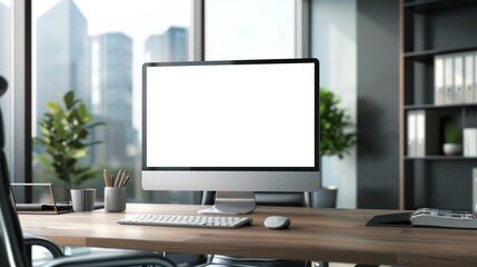 Fototapeta premium Mockup of modern monitor in office with keyboard and mouse, AI-generative
