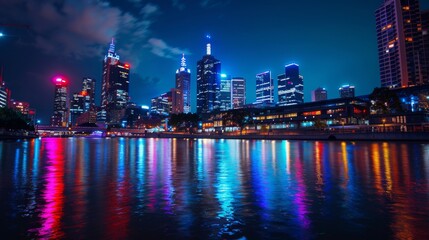 Naklejka premium Illuminated Urban Cityscape at Night Featuring Skyscrapers, Neon Lights, and Vibrant Street Life in a Metropolitan Downtown Area. Perfect Representation of Modern Nightlife and Urban Exploration with 