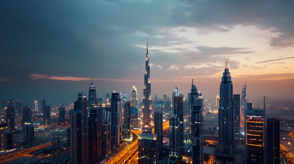 Impressive city skyline with skyscrapers and twilight sky. Aerial view banner. Copy space concept. 